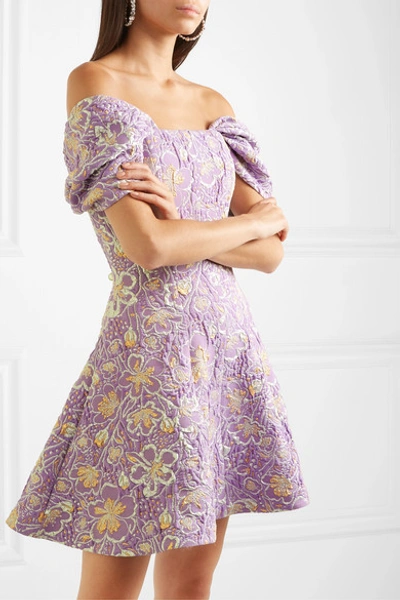Shop Rotate Birger Christensen Petra Off-the-shoulder Floral-jacquard Mini Dress In Lilac