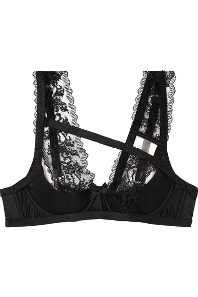 Shop Agent Provocateur Foxi Cutout Silk-blend Satin And Leavers Lace Underwired Bra In Black