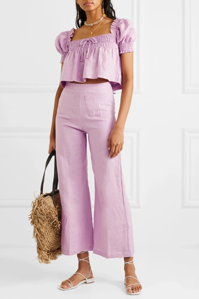 Shop Faithfull The Brand Enid Cropped Linen Wide-leg Pants In Lavender