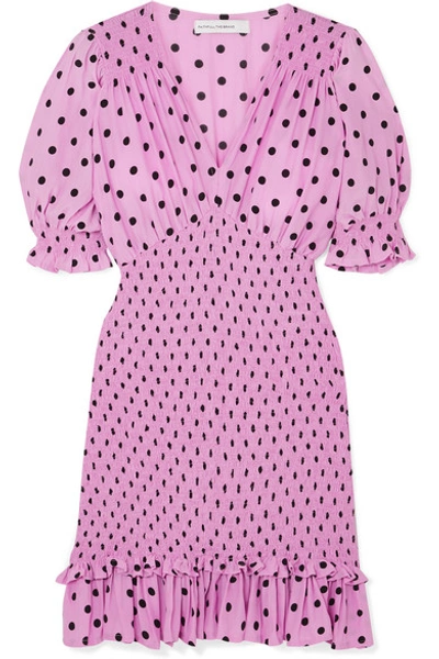 Shop Faithfull The Brand Margherita Shirred Polka-dot Crepe Mini Dress In Lilac