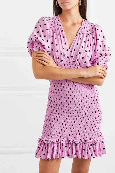 Shop Faithfull The Brand Margherita Shirred Polka-dot Crepe Mini Dress In Lilac