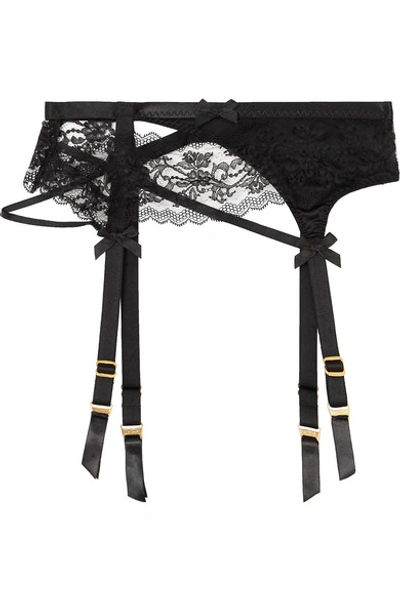 Shop Agent Provocateur Foxi Silk-blend Satin And Leavers Lace Suspender Belt In Black