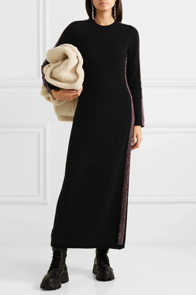 Shop Bella Freud Futuristic Metallic Striped Merino Wool-blend Midi Dress In Black