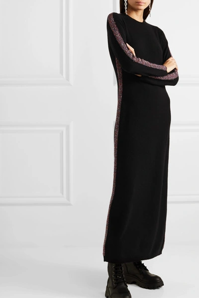 Shop Bella Freud Futuristic Metallic Striped Merino Wool-blend Midi Dress In Black