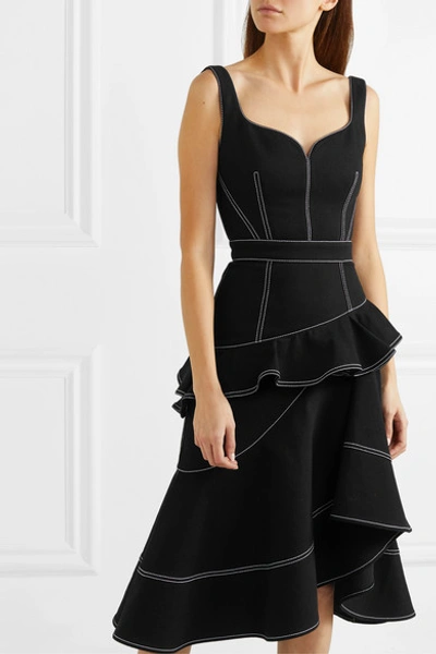 Shop Alexander Mcqueen Asymmetric Ruffled Denim Dress In Black