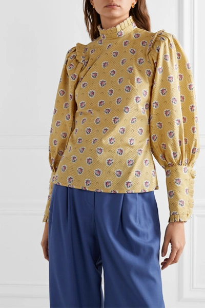 Shop Anna Mason Harper Belted Ruffled-trimmed Printed Cotton Top In Yellow