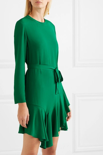 Shop Maje Romea Belted Asymmetric Ruffled Crepe Dress In Green