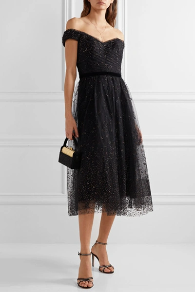 Shop Marchesa Notte Off-the-shoulder Glittered Tulle Gown In Black