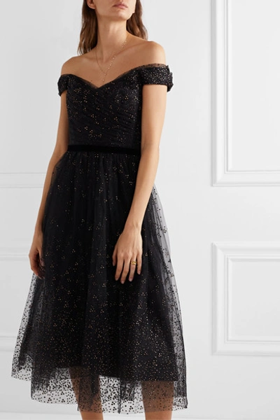 Shop Marchesa Notte Off-the-shoulder Glittered Tulle Gown In Black