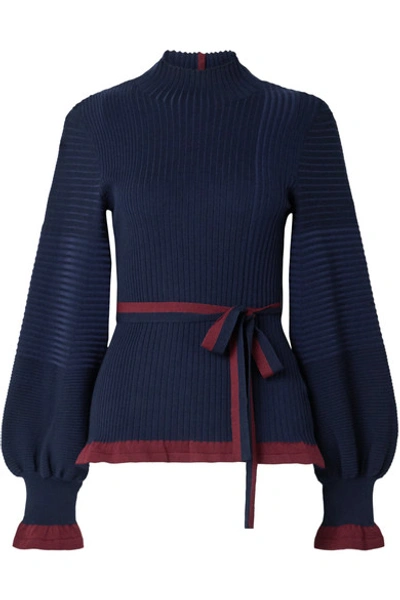 Shop Roksanda Auric Belted Ribbed Merino Wool Turtleneck Sweater In Navy