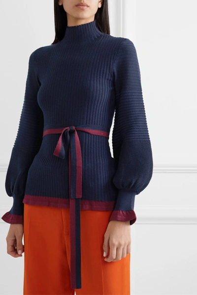 Shop Roksanda Auric Belted Ribbed Merino Wool Turtleneck Sweater In Navy