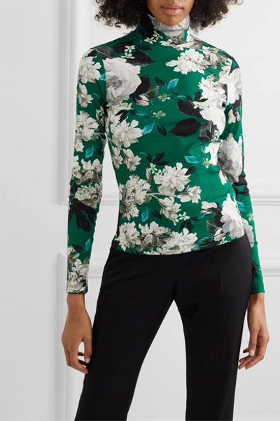 Shop Erdem Kelly Floral-print Ribbed Stretch-jersey Turtleneck Top In Green