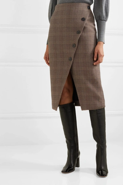 Shop Cefinn Selby Wrap-effect Prince Of Wales Checked Cotton-blend Midi Skirt In Brown
