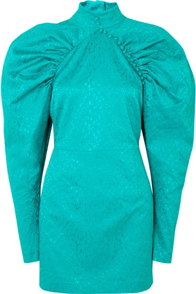 Shop Rotate Birger Christensen Kim Button-detailed Snake-jacquard Mini Dress In Teal