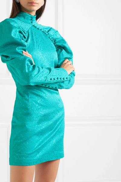 Shop Rotate Birger Christensen Kim Button-detailed Snake-jacquard Mini Dress In Teal