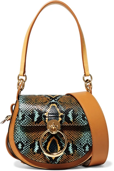 Shop Chloé Tess Small Snake-effect And Smooth Leather Shoulder Bag In Orange