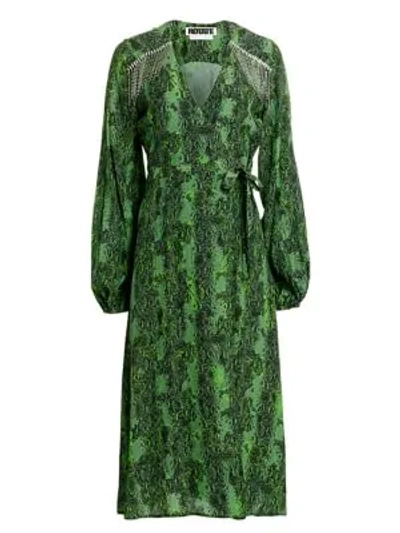 Shop Rotate Birger Christensen Women's Kira Python Print Puff-sleeve Midi Wrap Dress In Stone Green