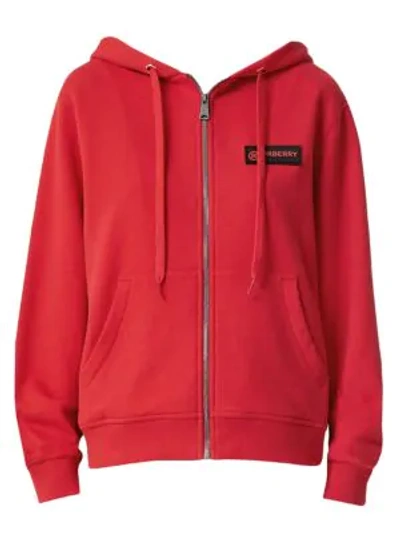 Shop Burberry Aubree Zip Hoodie Check & Logo Sleeve Hoodie In Bright Red
