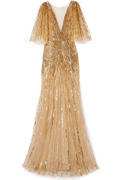 Shop Monique Lhuillier Mesh-trimmed Sequin-embellished Tulle Gown In Gold
