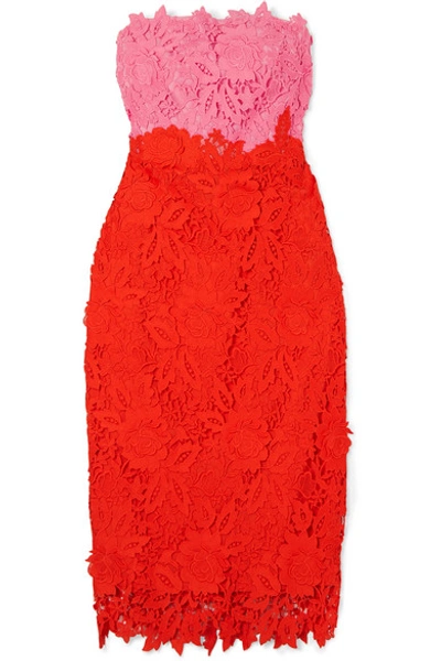 Shop Lela Rose Strapless Two-tone Guipure Lace Midi Dress In Red