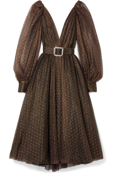 Shop Monique Lhuillier Belted Embroidered Metallic Tulle Midi Dress In Dark Brown
