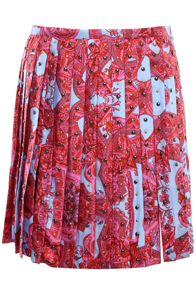 Shop Versace Printed Silk Skirt In Red,light Blue,metallic