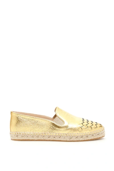 Shop Bottega Veneta Woven Leather Espadrilles In Metallic,gold,beige