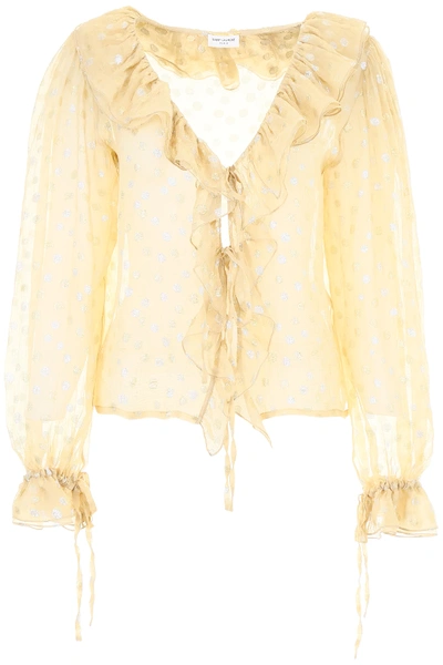 Shop Saint Laurent Georgette Blouse With Polka Dots In Beige,gold