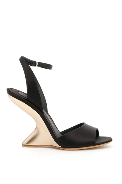 Shop Ferragamo Satin Sandals With F Heel In Black,metallic,gold