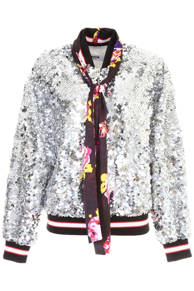 Shop Msgm Sequins Bomber Jacket In Silver,black