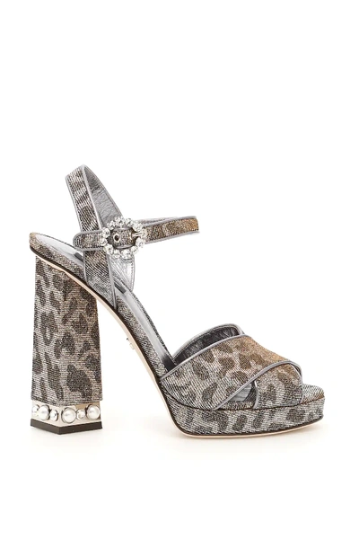 Shop Dolce & Gabbana Leopard Print Lurex Keira Sandals In Silver,gold