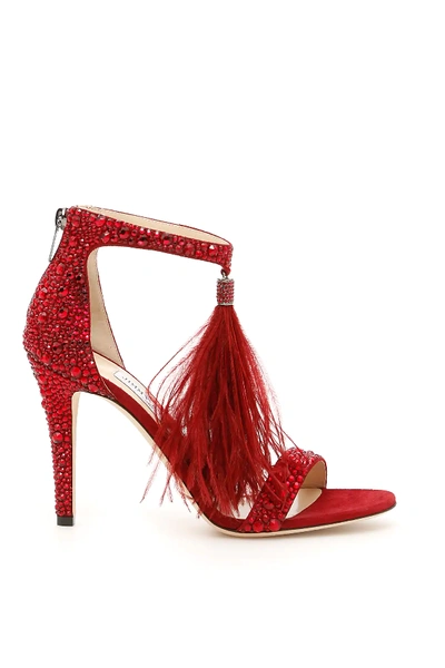 Shop Jimmy Choo Crystal And Feather Viola Sandals In Red