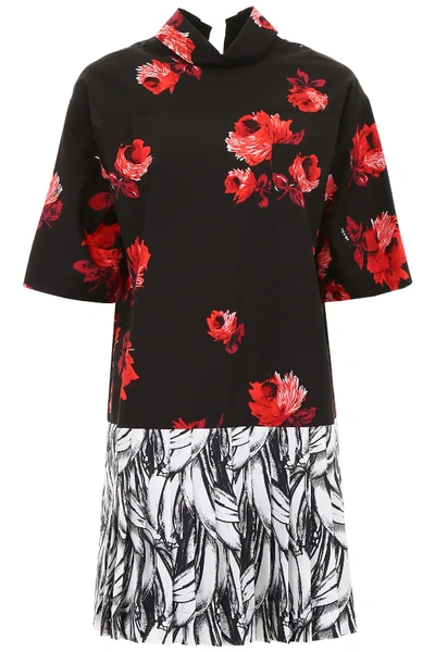 Shop Prada Rose And Banana Print Dress In Black,red,white