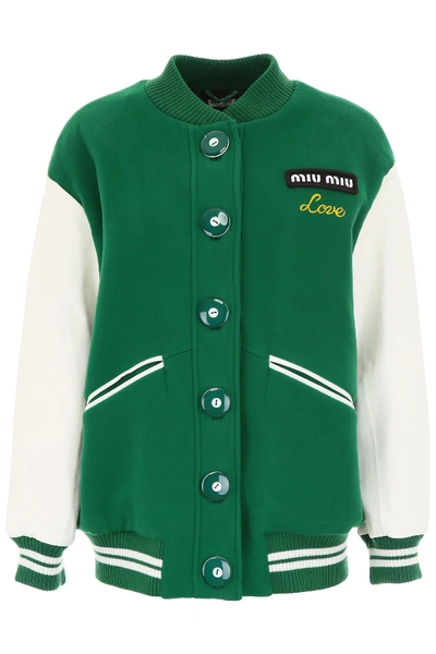 Shop Miu Miu Wool And Leather Bomber Jacket In Green