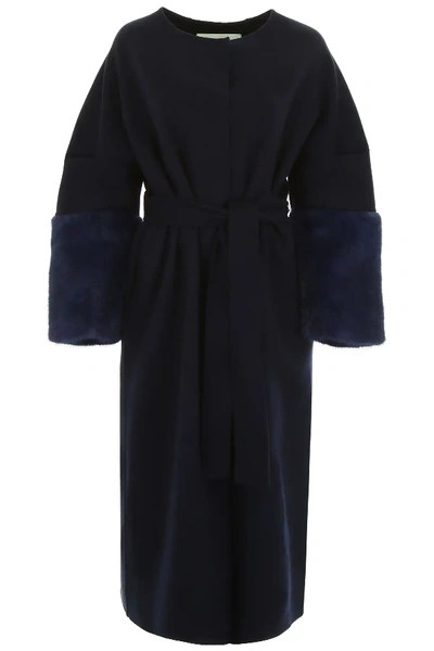 Shop Ava Adore Wool Coat With Mink Sleeves In Blue