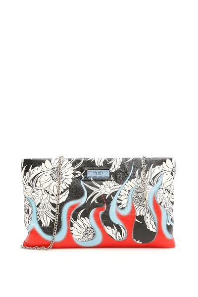 Shop Prada Flames And Dahlia Clutch In Red,black,white