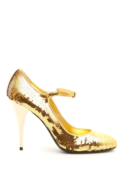 Shop Miu Miu Gold Sequins Pumps In Metallic,gold