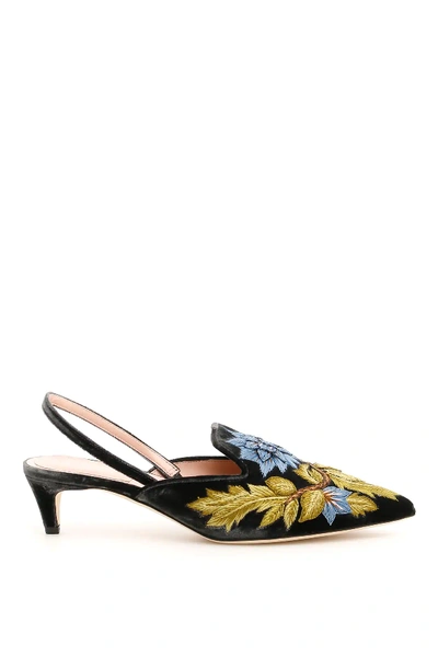 Shop Alberta Ferretti Velvet Slingbacks With Embroidery In Grey,green,light Blue