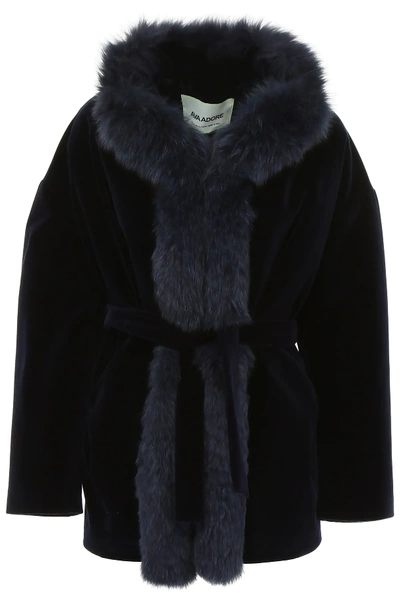 Shop Ava Adore Velvet Coat With Fox Fur In Blue