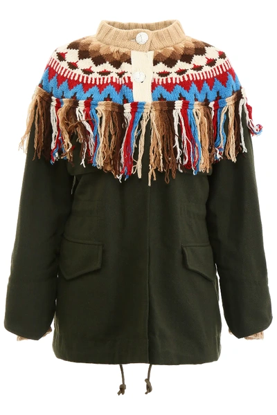 Shop Sacai Bolivia Fringed Parka In Green,white,red