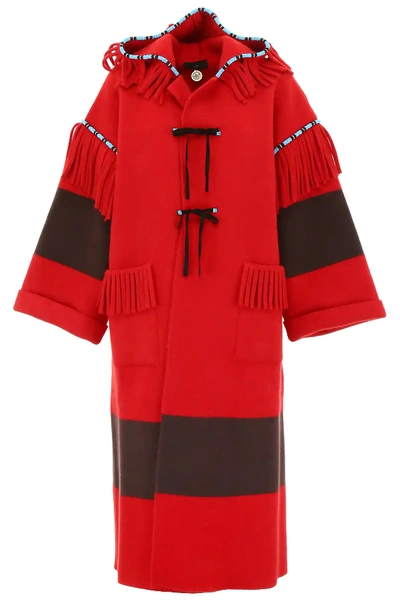 Shop Alanui Felt Coat With Embroidery In Red,brown