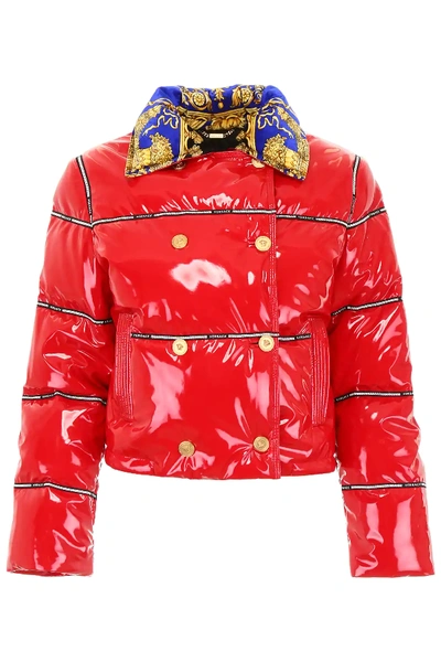 Shop Versace Puffer Jacket With Logo Bands In Red