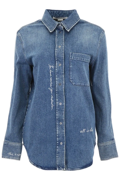 Shop Stella Mccartney Denim Shirt With Embroidered Writing In Light Blue