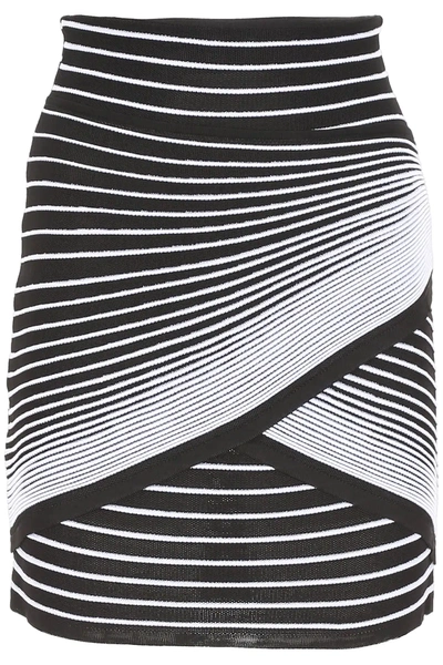 Shop Balmain Striped Knit Mini Skirt In White,black