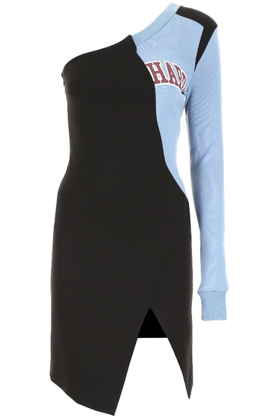 Shop Off-white One-shoulder College Dress In Black,light Blue