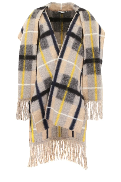 Shop Stella Mccartney Check Cape With Fringes In Beige,black,yellow