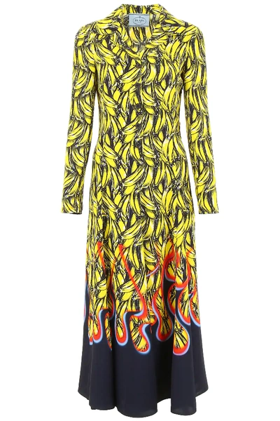 Shop Prada Bananas And Flames Dress In Yellow,black,red