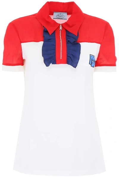Shop Prada Polo Shirt With Ruffles And Logo Patch In White,red,blue