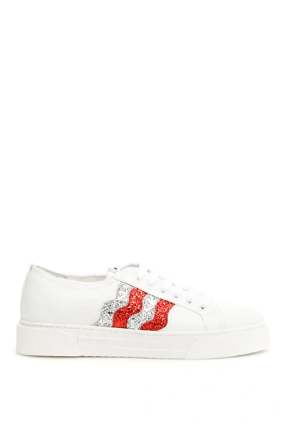 Shop Miu Miu Glitter Waves Sneakers In White,silver,red
