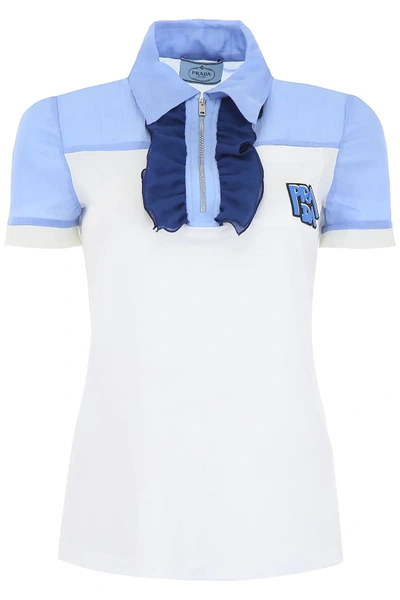 Shop Prada Polo Shirt With Ruffles And Logo Patch In White,blue